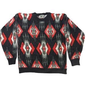 VTG Front Line Sweater Aztec Geometric Knit Black Red Made Hong Kong XL